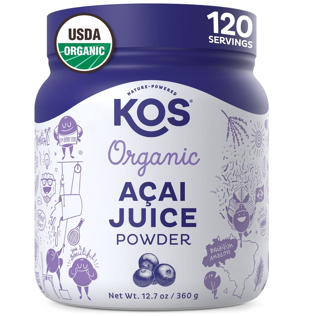 KOS Organic Acai Sok w proszku - USDA Certified Organic, Roślina oparte Superfood Antyoksydanty, Superberry z Brazylii, Wielki dla Smoothies i Bowls, 0g Cukier, Wegan, Gluten- Free, Non-GMO - 120 Sługi