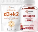 Micro Składniki Witamina D3 5,000iu + K2 100mcg Softgels & Multi Collagen Peptydes Gummees Pack Bundle 124; Esential Sunshine Vitamin Amend124; Typ I, II, III, V, X Protein with Biotin, Kwas hialuronowy, & Vitami