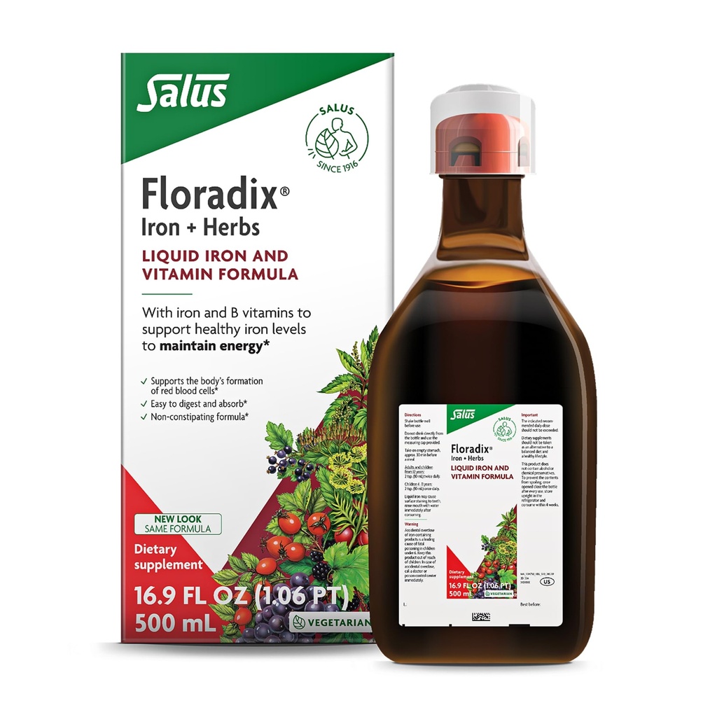 Floradix Iron & Herbs - Płynny suplement ziołowy dla wsparcia energetycznego - Suplement żelaza z witaminą C & witaminy B - dla mężczyzn i kobiet - 16.9 fl oz