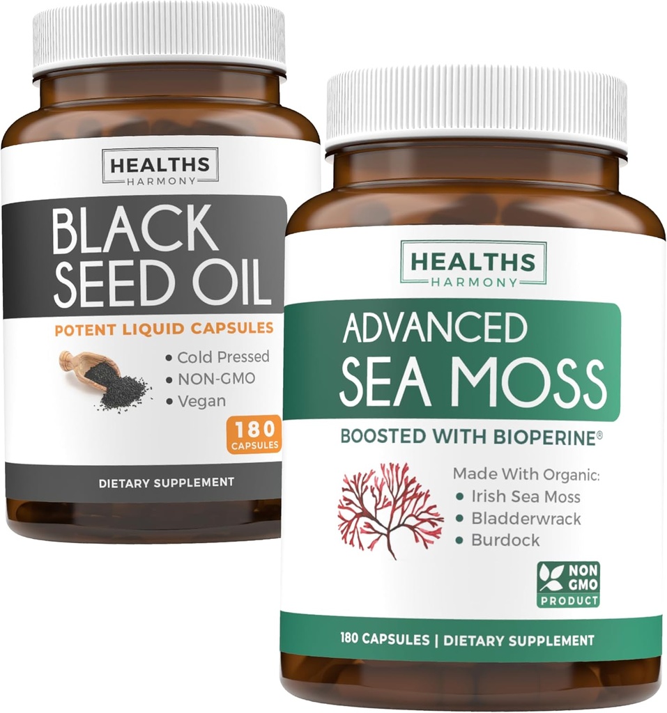 Olejek z nasion czarnego i mech z Morza Irlandzkiego (3- Month Supply) - Power Duo Bundle of Black Seed Oil (180 Capsules) Cold- Pressed Nigella Sativa & Irish Sea Moss (180 Capsules) z Bioperine i Bladderwrack
