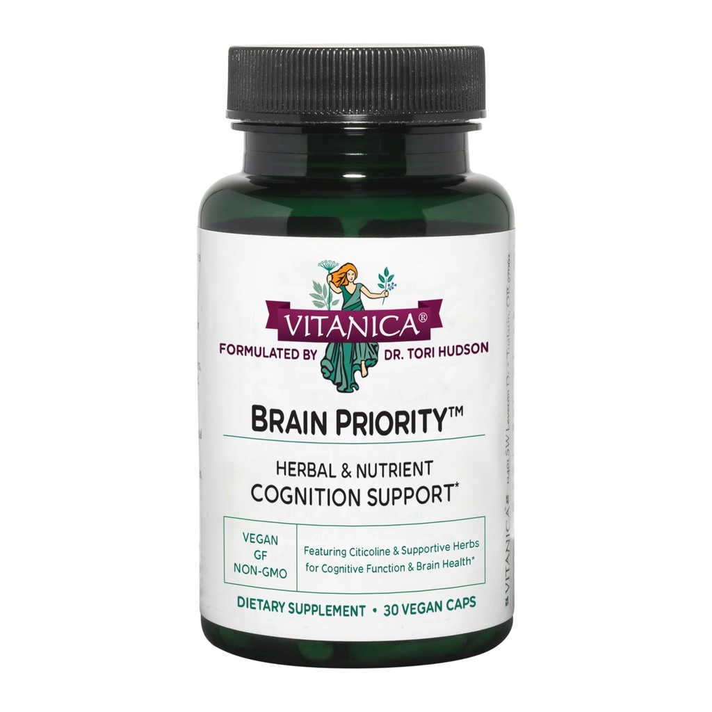 Vitanica Brain Priority - Brain Health Supplement and Cognition Support with Nootropic Citicoline, and Bacopa, Curcumin, and Saffron - Supports Memory, Focus, and Clarity - Vegan - 30 Capsules