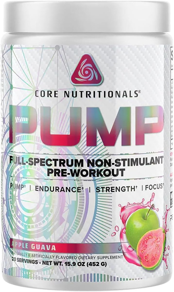 Bazowe Nutritionals Pompa Full- Spectrum Non-Stimulant Pre- Workout, z N03T Nitrate, Peak02, Alpha GPC, dla maksymalnej pompy, Siła i Wydajność 20 Sługi (Apple Guava)