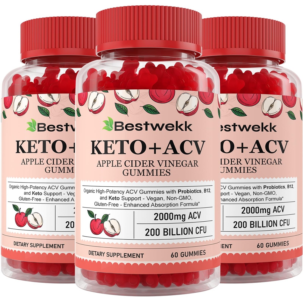 Jabłko Cider Gummies Ocet, Max Siła 2000mg ACV Gummy z Probiotyki, B12 i Keto Wsparcie, Dla trawienia, Metabolizm, Detox, Gut & Immune Health, Żelatyna - wolne, Non-GMO, 180 keto acv gummies