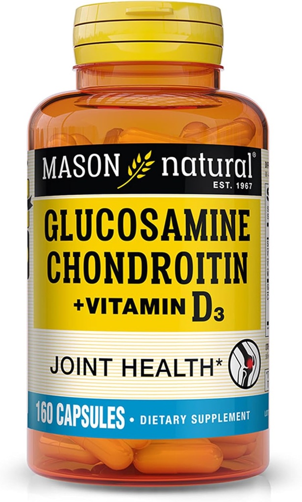 MASON NATURAL Glukozamina Chondroitin Plus Witamina D3 - Wspiera zdrowie stawów i kości, Lepsza mobilność i elastyczność, 160 Kapsułki