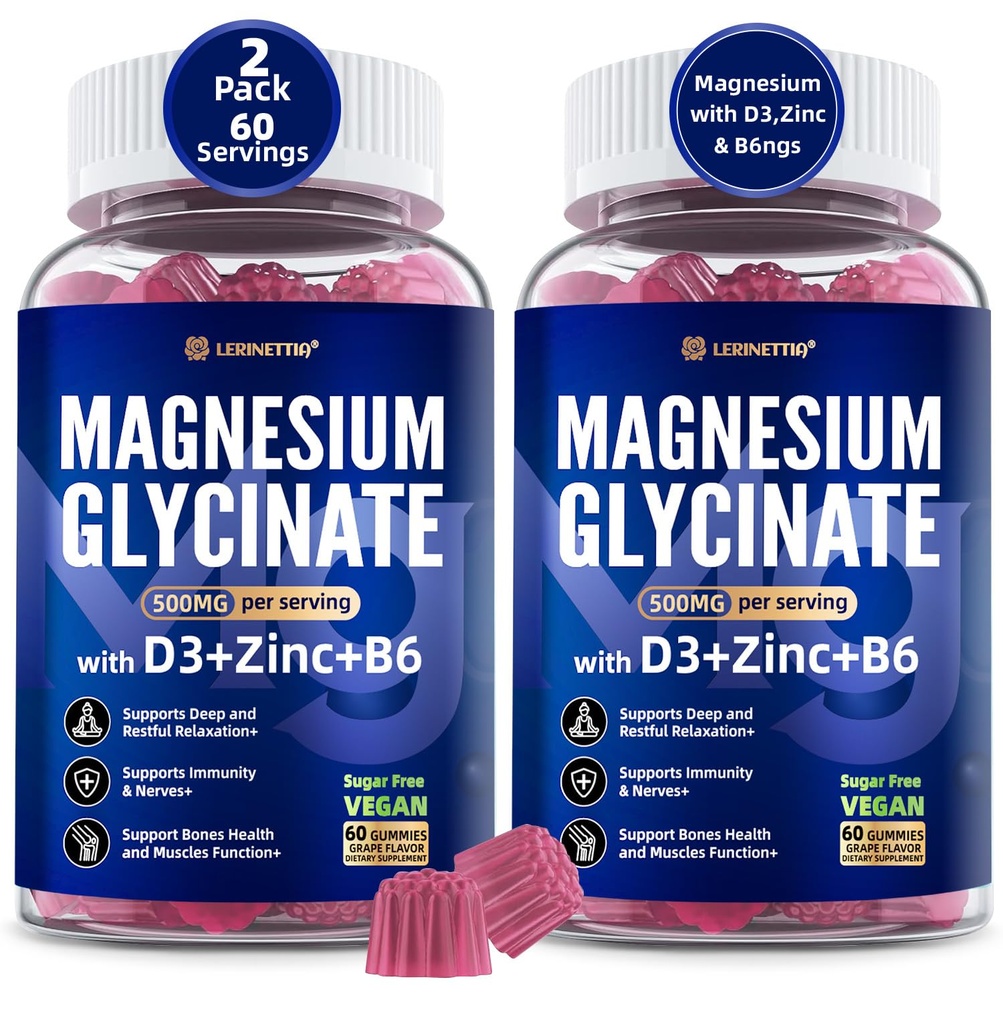 Magnezu Glicynian 500mg / 250mg dla dorosłych Nastolatków - Plus D3, B6 & Cynk - Magnezu Glicynian Gumiaki, Wysoka Absorpcja - Wsparcie dla Relaks, Mózg, Kości i Odporność Zdrowie - Bez cukru - 120Cts