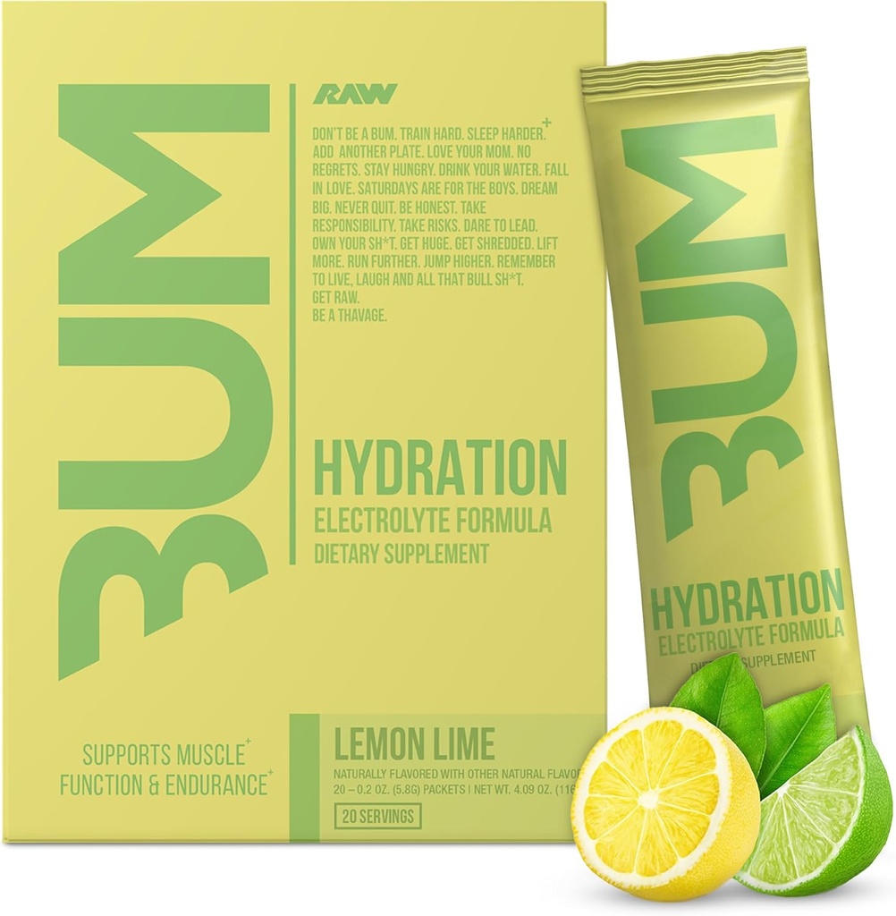 RAW Elektrolity Proszek Napoje Napoje Pakiety, Hydrate Bum (Lemon Lime, 20 Słupki) - Pakiety nawadniania Elektrolity Wspiera Funkcje mięśniowe i wytrzymałość - Keto Wolne Pakiety proszku Electrolytes