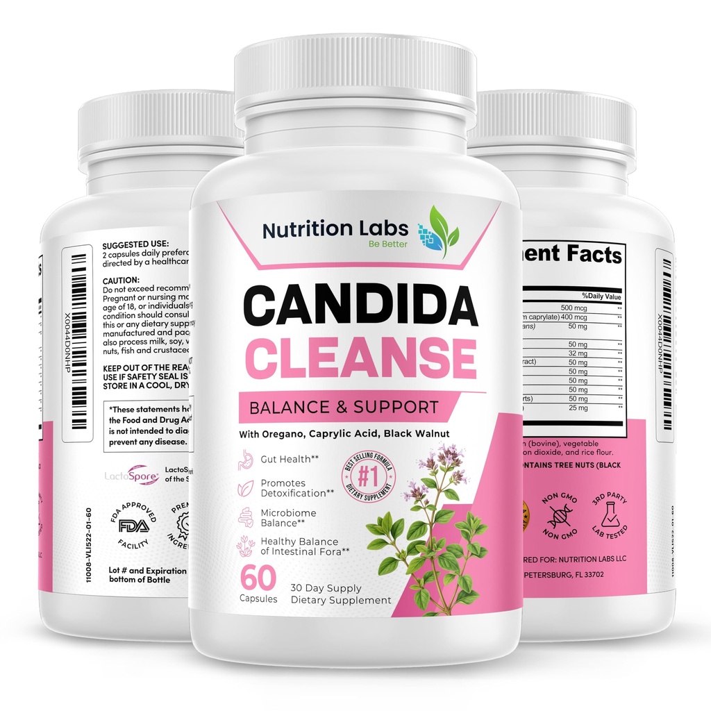 Candida Cleanse Supplement for Balance & Support, Candidase Detox, Kobiety & Mężczyźni. Gut Health & Flora, pH Level, Zdrowie jelit. Lactospore ® Probiotyki. Przeciw Yeast Overgrowth W / Oregano, kwas kaprylowy