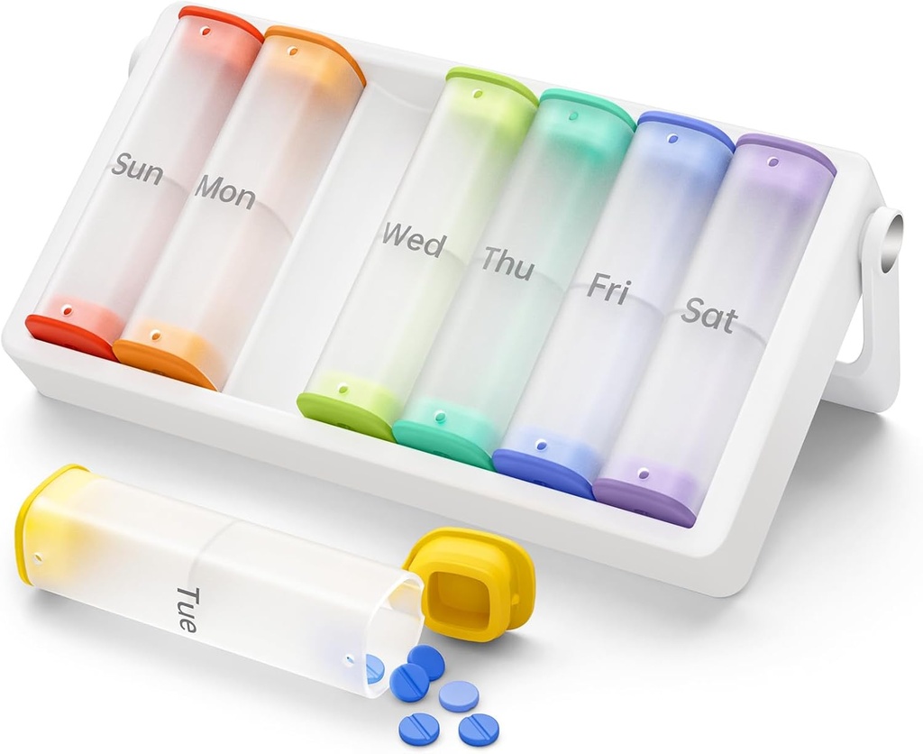 Weekly Pill Organizer 2 Times a Day, KOVIUU Large Travel Pill Box 7 Day, Am Pm Twice Daily Pill Case with Rotatable Handle, Pill Holder Container for Vitamin, Medicine, Supplement, Translucent-White