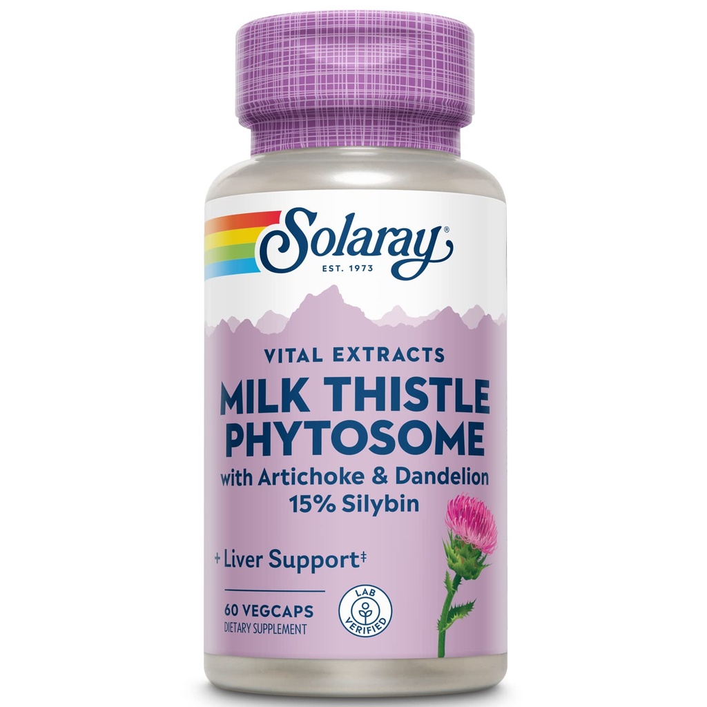 SOLARAY Mleko Thistle Phytosome z karczochem, Dandelion i Ginger - Wyciąg Tistle mleka dostarczający 15% Silybin - Suplement do wątroby - 60- Day Guarantee, Lab Verified - 60 Servings, 60 VegCaps