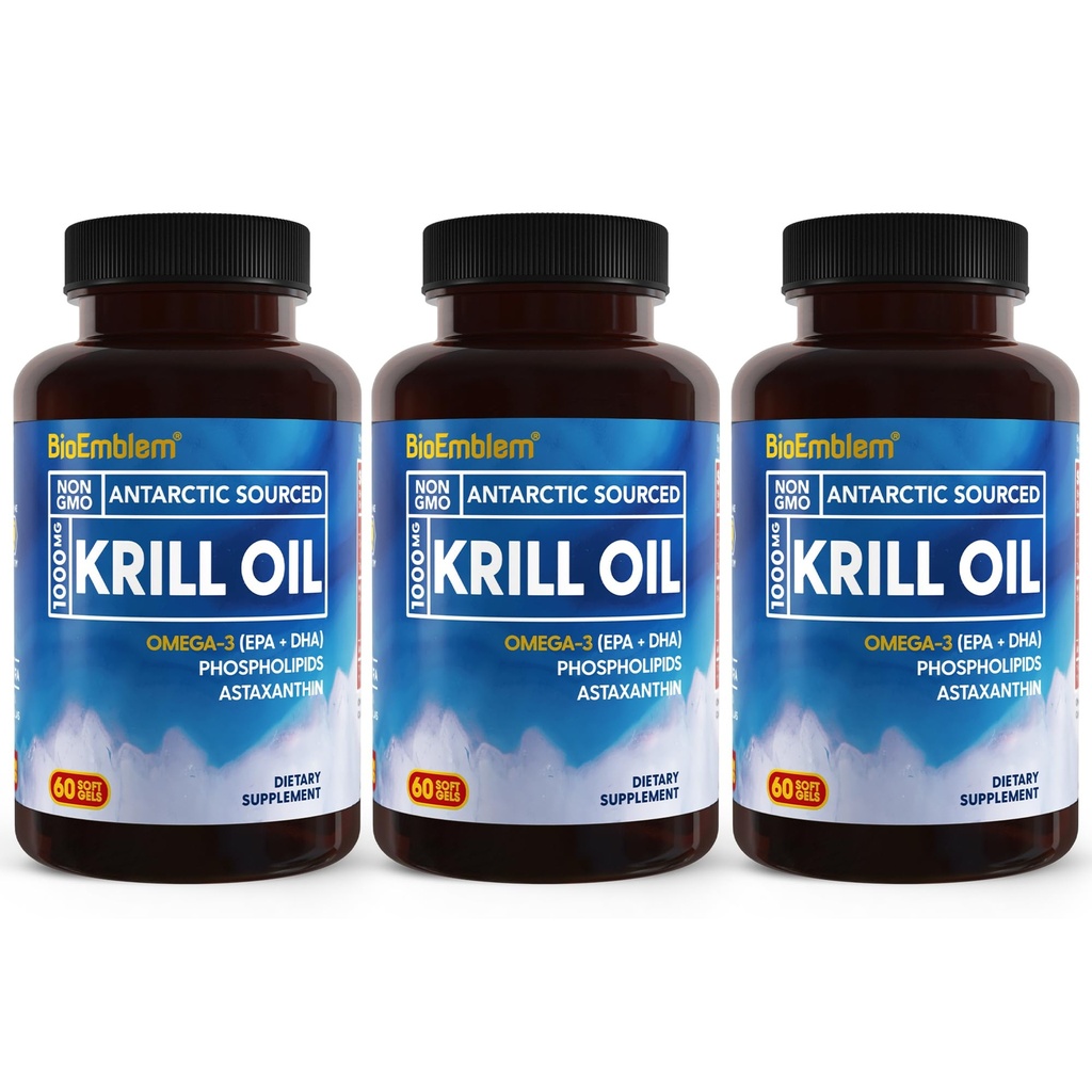 BioEmblem 3 Pack Antarktycznego oleju kryla 1000mg Softgels, Omega- 3 Oil z wysokimi poziomami EPA + DHA, Astaksantyny i fosfolipidów, Supports Brain Health, 180- Count Non-GMO, Gluten Free, 90 Days Supply