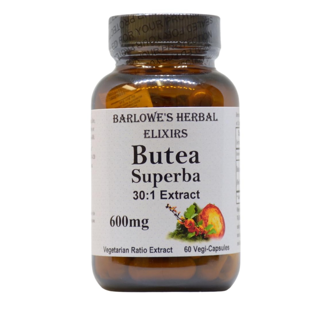 Barlowe Herbal Elixirs Butea Superba Extract 30: 1 < 124; 600mg Per Capsule < 124; Thai Mężczyzna Vitality Herb < 124; 60 Vegan Capsules < 124; Wysoka zawartość flavonoid > 124; Stearate- free, Butelka szklana
