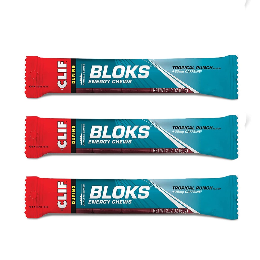 CLIF BLOKS - Przeżuwki energetyczne - Tropikalny Punch z 25 mg kawy - Nie-GMO - Żywność na bazie roślin - Szybkie paliwo do jazdy na rowerze i biegania -Przekąski treningowe (2.1 Pakiet Ounce, 3 Count)