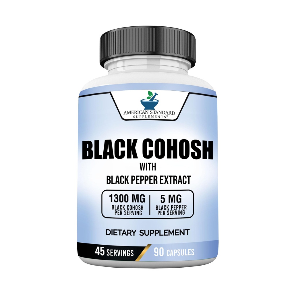 American Standard Supplements Black Cohosh 1300mg Per Serving with Black Pepper Fruit Extract - Wegan, Gluten Free, Non-GMO, 90 Kapsułki, 45 Słupki
