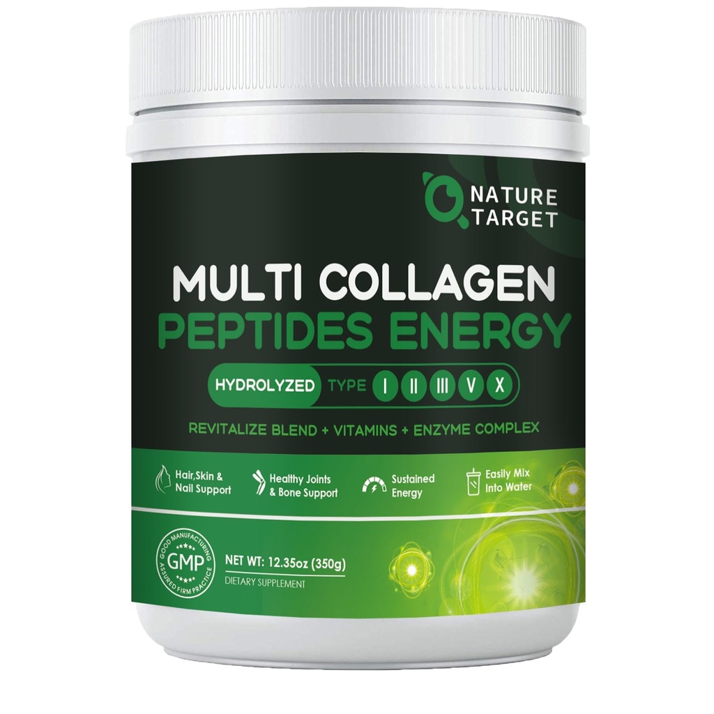 NATURE DOCELOWE Multi- Kolagen- Peptydes- Proszek - Zhydrolizowany Kolagen z mieszanką energii + Multivitamin & Minerały, Wspiera energetyczne skóry paznokci i wspólnego, Non-GMO, 35 Służenie