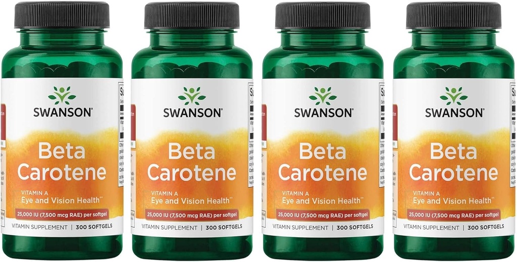 Swanson Beta- Karoten Witamina A 25000 IU Softgels - Zdrowie skóry, oczu i układu immunologicznego - Wsparcie przeciwutleniające - 7500 μg (300 Softgels) (4 opakowania)