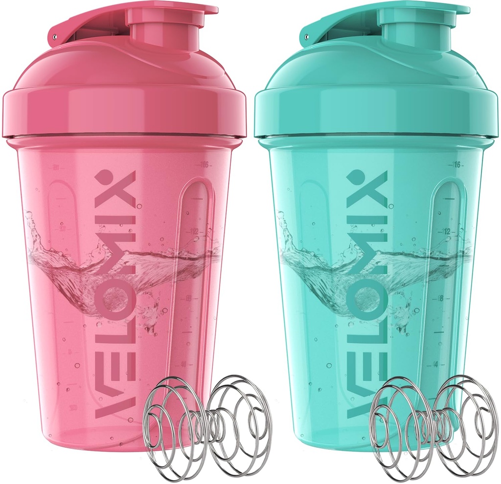 VELOMIX -2 Pack - 20 oz Butelki z shakerem białkowym do mieszania białek - 2x Whist Wire Between 124; Puchary do Shakes protein i pre Workout 124; Butelka z shakerem białkowym (Pink / Turquoise)