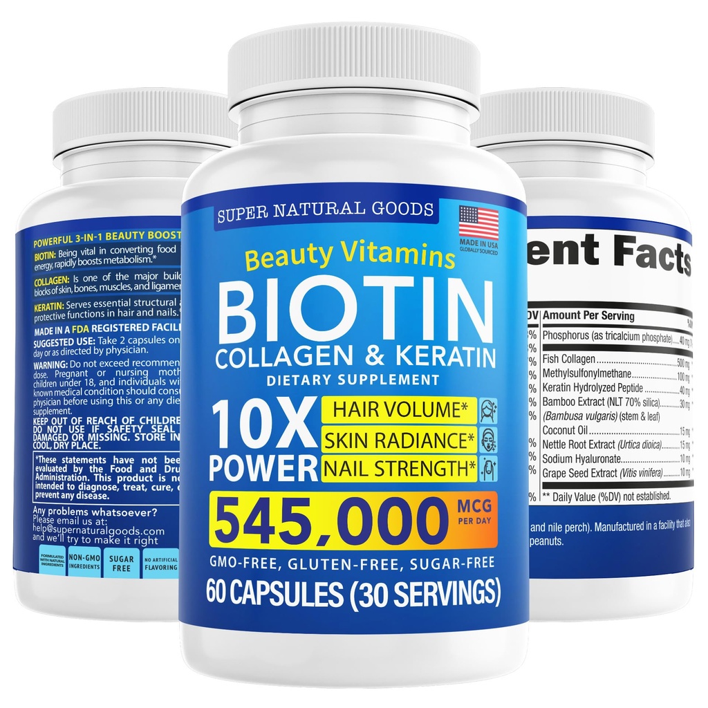 Biotin i Kolagen Witaminy + Keratyna z folianem - Leczenie wypadania włosów dla kobiet i mężczyzn - Follicle, Skóra i paznokcie Suplementy do wzrostu włosów i wsparcia poporodowego - GMO Free & Gluten Free (60 Caps)