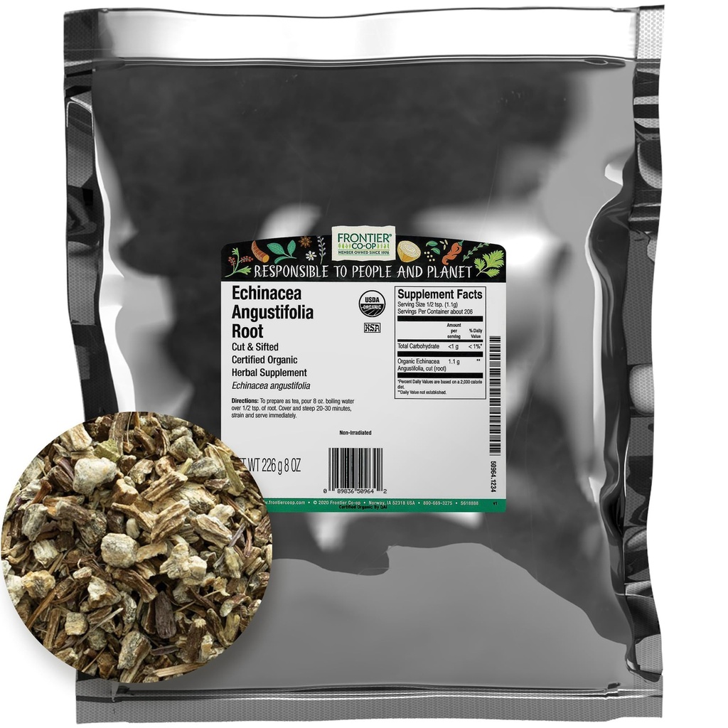 Frontier Co- op Suszony Echinacea Angustifolia Root, Cut and Sifted, 8oz, Certified Organic Echinacea Root - Idealny do herbaty i Herbal Remedies, Kosher