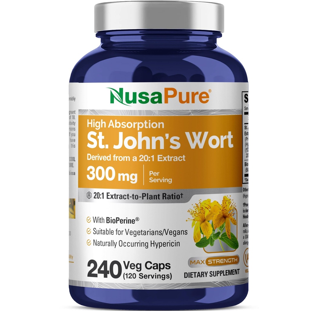 NusaPure St. John 's wort 20: 1 Extract, 300 mg Ekwiwalent 6 000 mg 240 Kapsułki wegetariańskie (Wegetarianin, Non-GMO) Bioperine