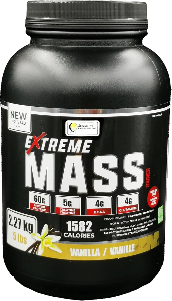 Ekstremalne masy Gainer Muscle Builder, 5 lb (2.27 kg) Kalorie niskocukrowe do intensywnych treningów (Vanilla)