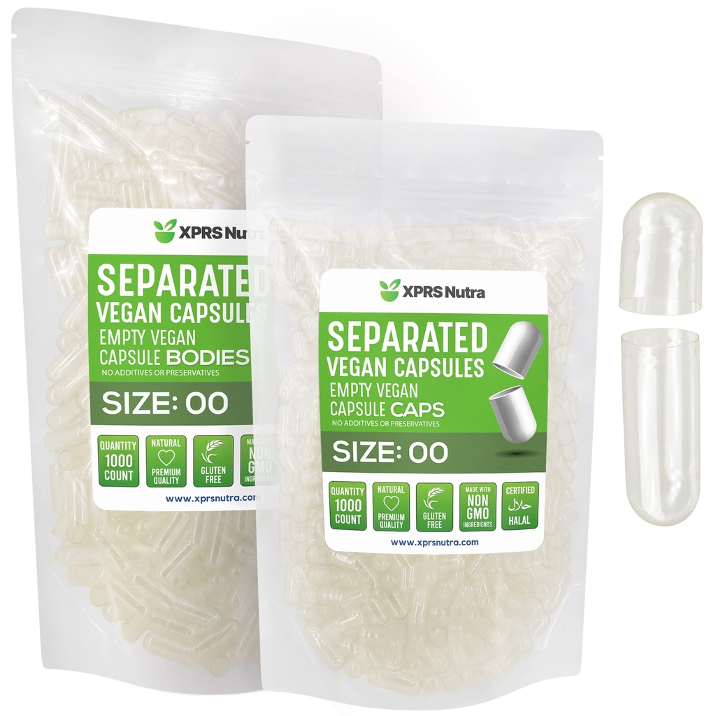 XPRS Nutra Vegan Rozmiar 00 Kapsułki oddzielone - 1000 Hrabia Premium Kapsułki puste Rozdzielone w Torbach - Wyczyść puste 00 Pigułki do napełniania suplementu DIY