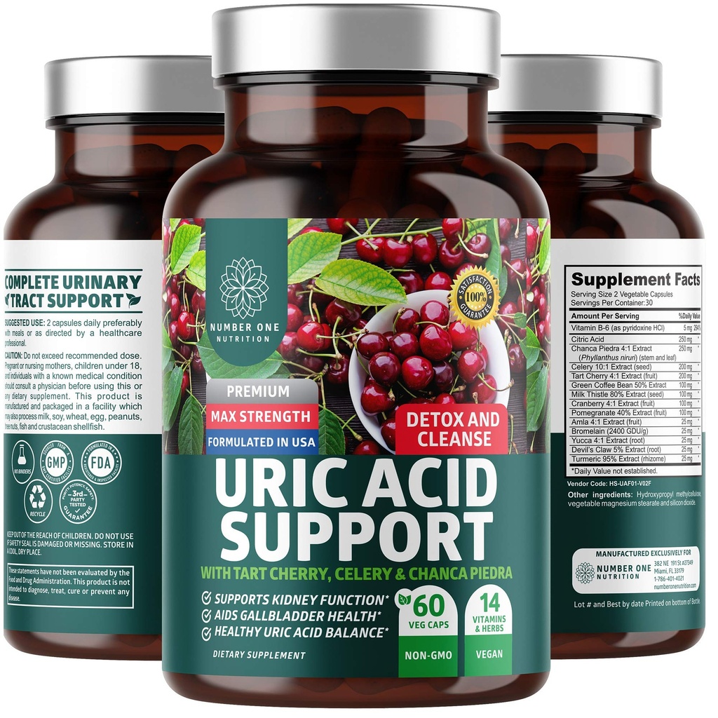 N1N Premium Acid Acid Supplement [14X Pothent Herbs] Wszystkie naturalne nerki i kwasu moczowego Czyszczenie z Tart Cherry, Ostrze mleka, Żurawina, Seler, Chanca Piedra, 60 Kapsle Veg