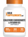 BulkSupplements.com Karbonian wapnia i witamina D3 Softgels - Wapń i witamina D3, Wapń i D3 Suplement do wsparcia immunologicznego - Gluten Free, 2 Softgels per Serving, 360 Count (Pack of 1)