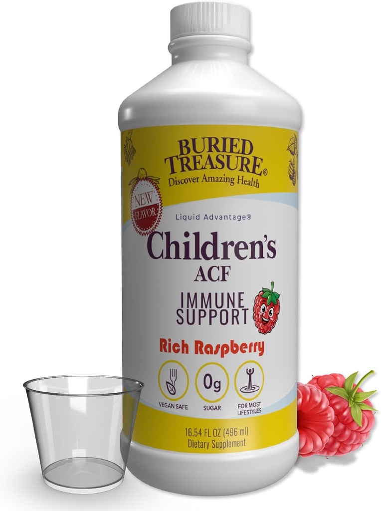 Pochowany skarb dzieci ACF Zaawansowane wsparcie immunologiczne, Cherry Flavor, 16oz w / Puchar dawki, suplement immunologiczny dla dzieci, Ciekła formuła odporności ziołowej w / Witamina C Elderberry Enchinacea Cynk