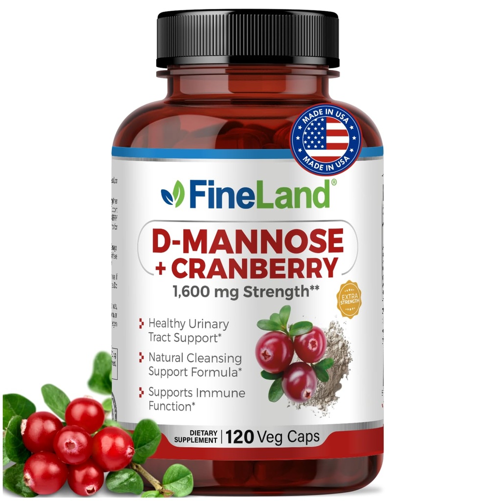 FineLand D- Mannose + Żurawina - 1600mg na serwowanie - 120 Kapsułek wegańskich - Urynary Tract & Bladder Health Support - Non-GMO, Gluten- Free, Made in USA