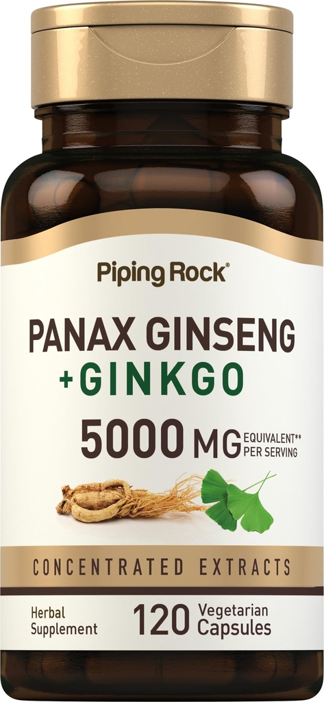 Piping Rock Panax Ginseng & Ginkgo Biloba Supplement 124; 5000 mg Supplement 124; 120 Kapsułek Supplement 124; z Black Pepper Extract Supplement 124; Wegetarianin, Non-GMO i Gluten Free Supplement
