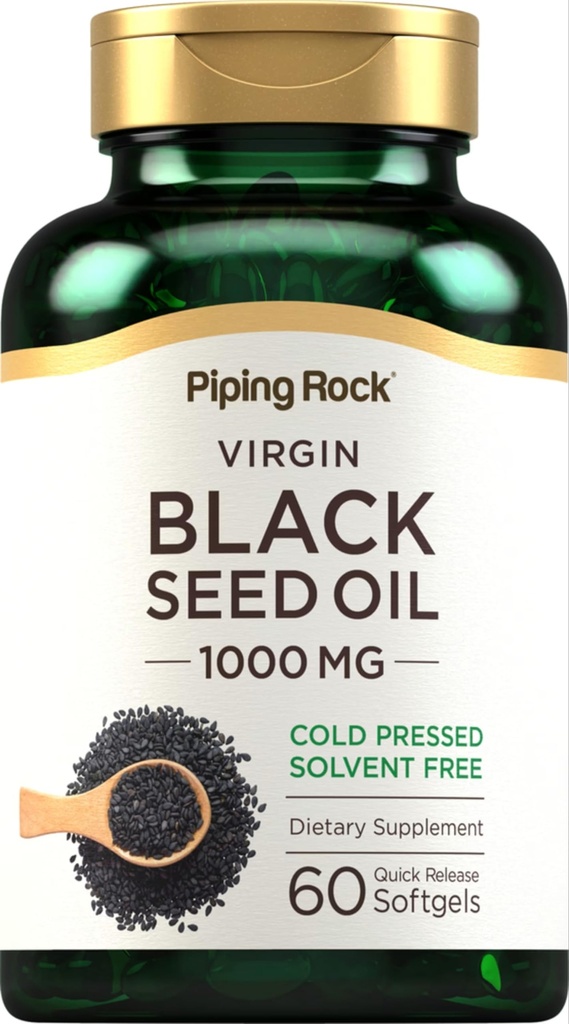Pipping Rock Black Seed Oil Softgel Kapsułki 124; 1000mg 124; 60 Pilli 124; Cold Pressed Solvent Free 124; Nie GMO, Gluten suplement