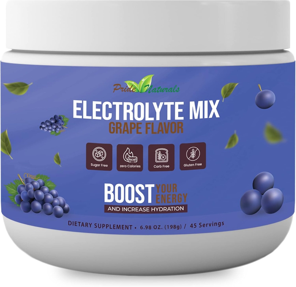 Proszek Electrolyte - Odświeżanie Warsztaty Odzysk Elektrolitów, Cukier wolny, Gluten Free & Wegan, Czysty Keto & Paleo Napoje Napoje Nawilżające, Immune Boosting Vitamin (198 Grams, Grape)