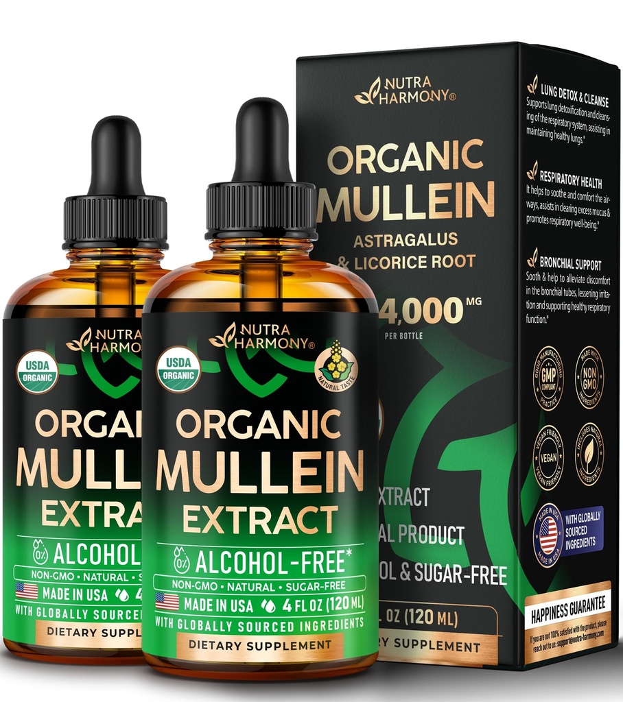 Mullein Drops for Lungs - USDA Organic Liquid - Mullein Leaf Extract Supplement - for Women & Men - Lung & Bronchial Cleanse for Smokers - Respiratory Health Support - As Tincture, Tea, Pills - 2 Pack
