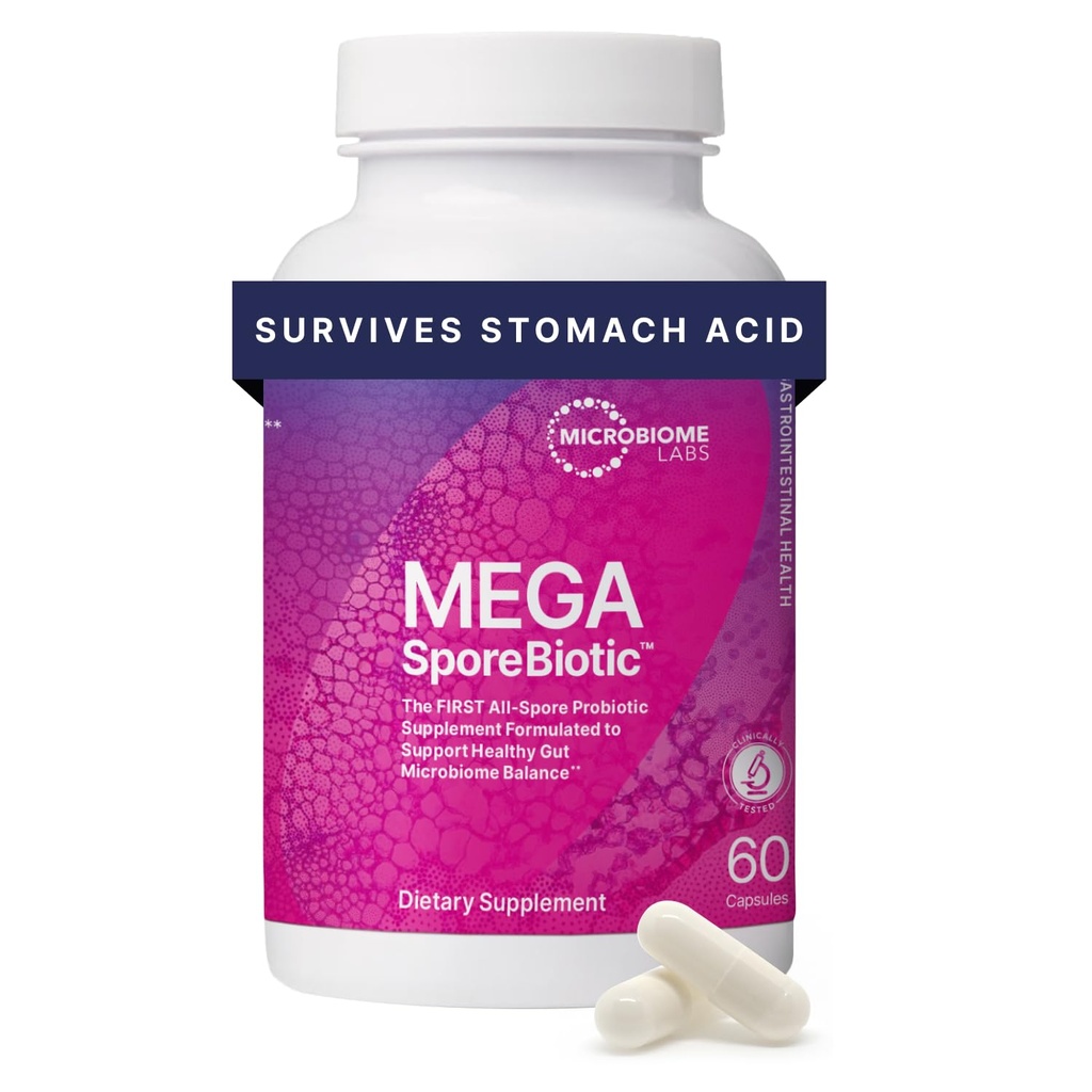 Microbiome Labs MegaSporeBiotic Probiotyka dla Kobiet i Mężczyzn - Probiotyk oparty na sporach dla Gut Health & Digestive Support - Shelf- Stabilny, Przyjazny Travel-, Probiotyki męskie i kobiece (60 kapsułki)