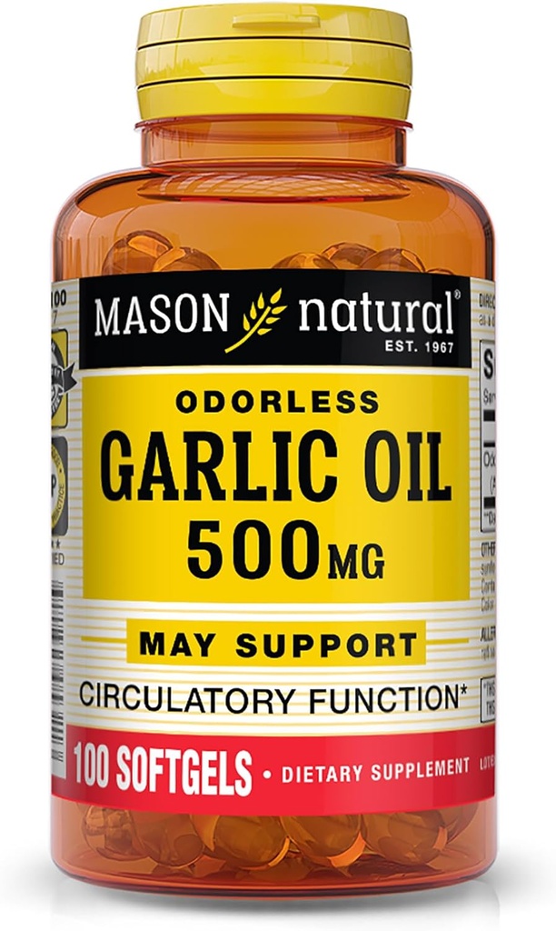 MASON naturalny olejek czosnkowy 500 mg bezsodowy suplement alium sativum - wspomaga zdrowe funkcje cyrkulacyjne, 100 Softgels