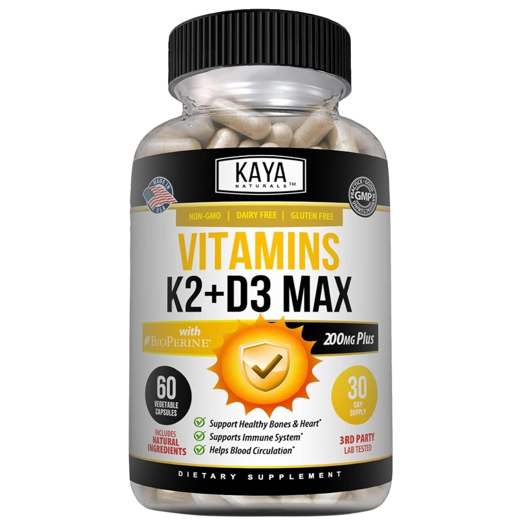 Kaya Naturals Vitamins K2 z D3 5000IU Suplement dla mężczyzn i kobiet - Łatwe do połknięcia - Kapsułki z bioperiną (60 liczenie (opakowanie po 1))