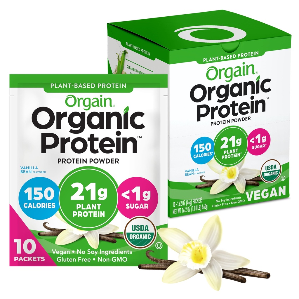Orgain Organic Vegan Protein Powder, Wanilia Fasola - 21g Białko roślin, 5g Fiber prebiotyczny, Niskie węglowodory, Brak składników laktozy, Nie dodawany cukier, Non-GMO, Dla shakes & Smoothies, 10 Travel Packs