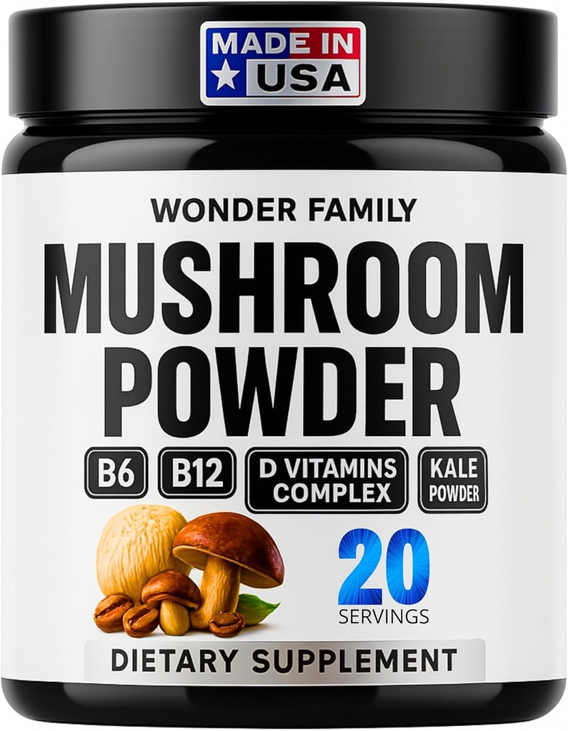 Instant Mushroom Powder 10: 1 - Cordyceps Mushroom Supplement z Reishi, Chaga & Shiitake - Bezpłatny napój nocny z B6, B12, D + Probiotyka Mushroom Cacao Organic Blend (No Sweetener)