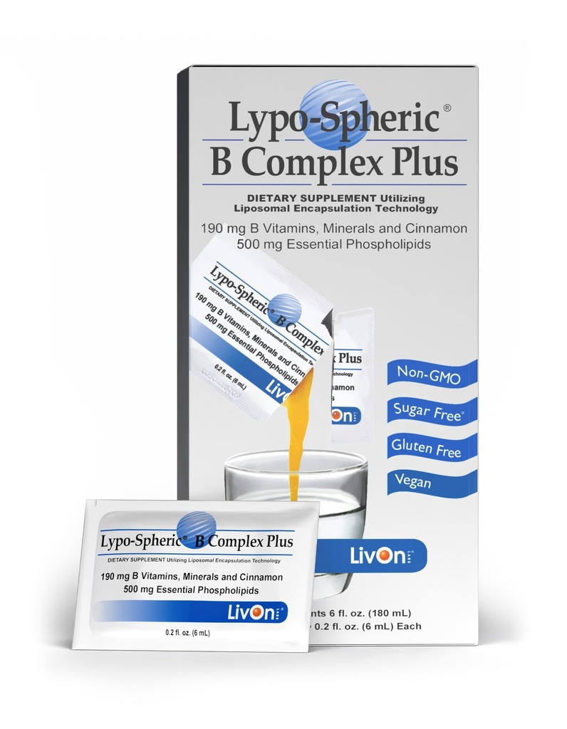 LivOn Laboratories Lypo- Spheric B Complex Plus - 30 Pakiety - 195 mg witaminy B, minerały i cynamon Per Packet - Liposome Encapsulated for Improved Absorption - 100% Non-GMO