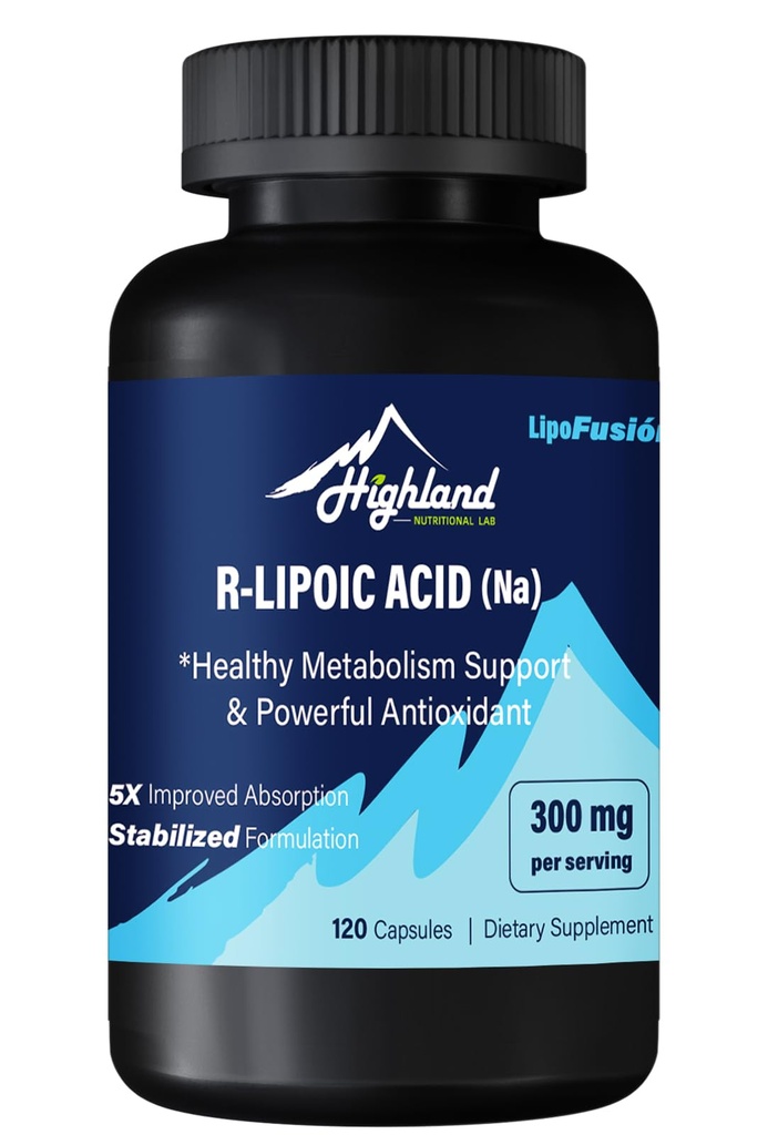 R Kwas lipoinowy (Na) 300 mg na jedną porcję, 120 kapsułek, do 5X Ulepszona absorpcja, Doskonały suplement odżywczy dla zdrowego wsparcia metabolizmu i przeciwutleniaczy -1 Butelka