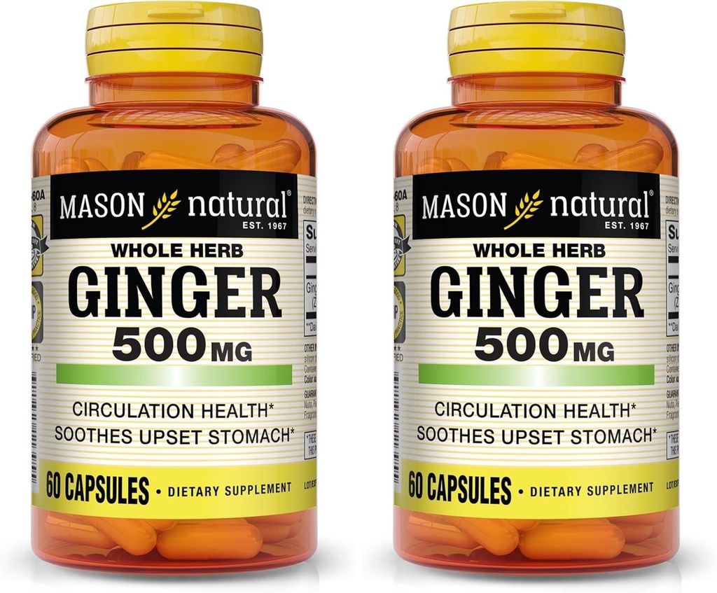 MASON NATURAL Whole Herb Ginger 500 mg, Natural Herbal Supplement, 60 kapsułek (opakowanie po 2)