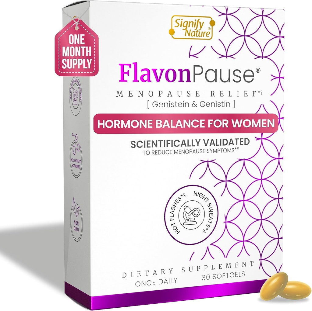 FlavonPause Hot Flashs Menopauza Relief - Antarktycznie Tested - Relief 124; Natural Hot Flash Relief, Night Sweats Relief, Starzenie się skóry 124; Multi Menopauza Relief Symptom 124; 30 Softgels