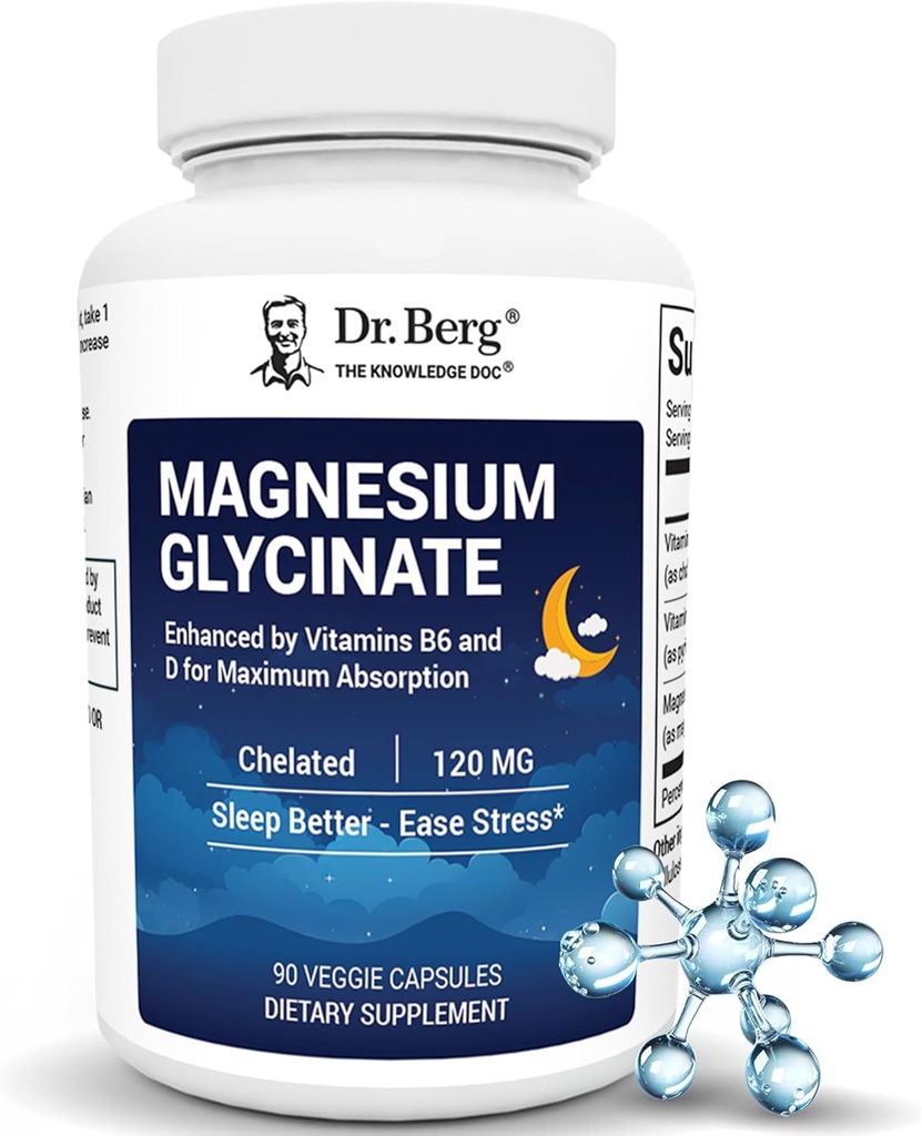 Dr Berg Magnezu Glicynian z Witaminą D & B6 dla Relief stresowy, Spokój, Relaks, & Dobry sen * - 120 mg Magnezu Bisglicynian Kapsułki - Wysoka absorpcja Chelatynowany Glicynian - 90 Cap