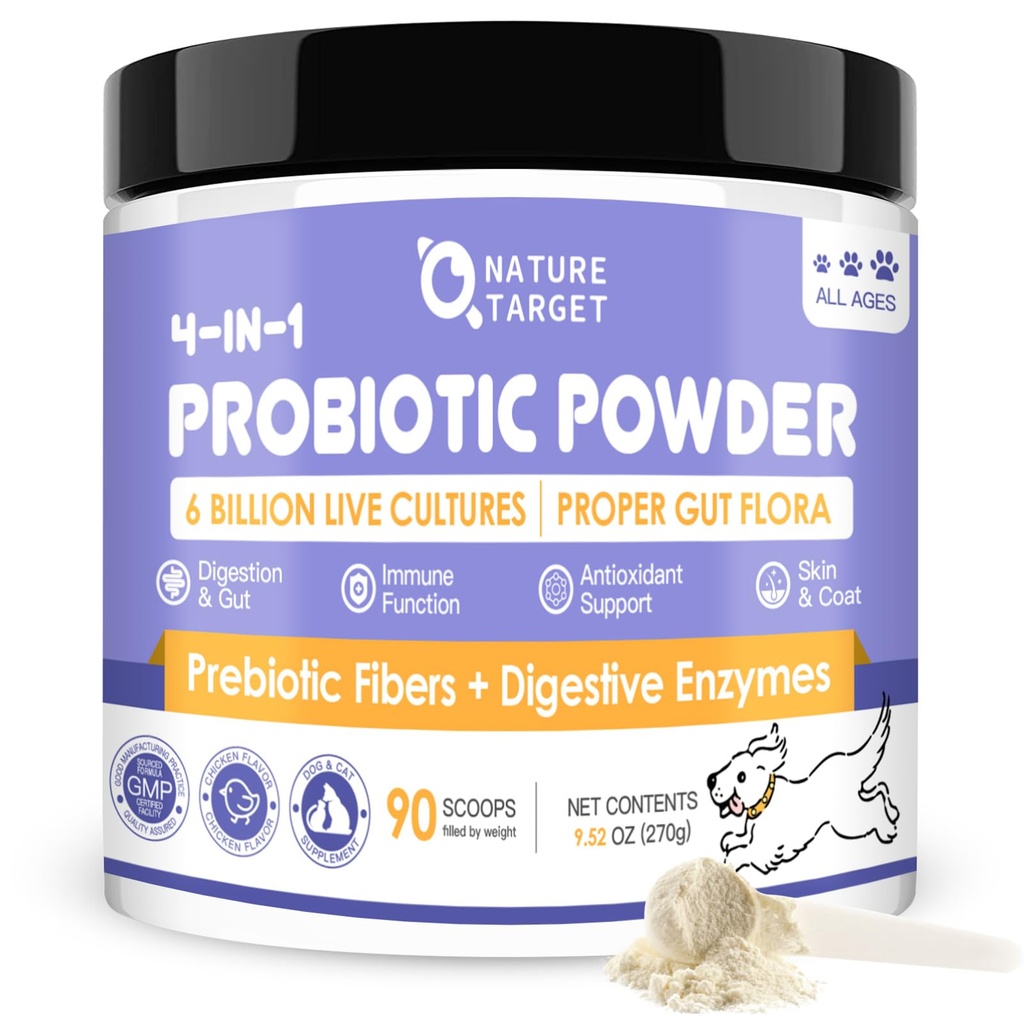 NATURE DOCELOWE Probiotyki dla psów - Probiotyki psów, Plus Prebiotyczne, Enzymy trawienne, Włókno, Gut wsparcia, Immune Health, 6 Miliard CFU Proszek probiotyczny psów, Relieve Biegunka, Loose Stool, 90 Scoops