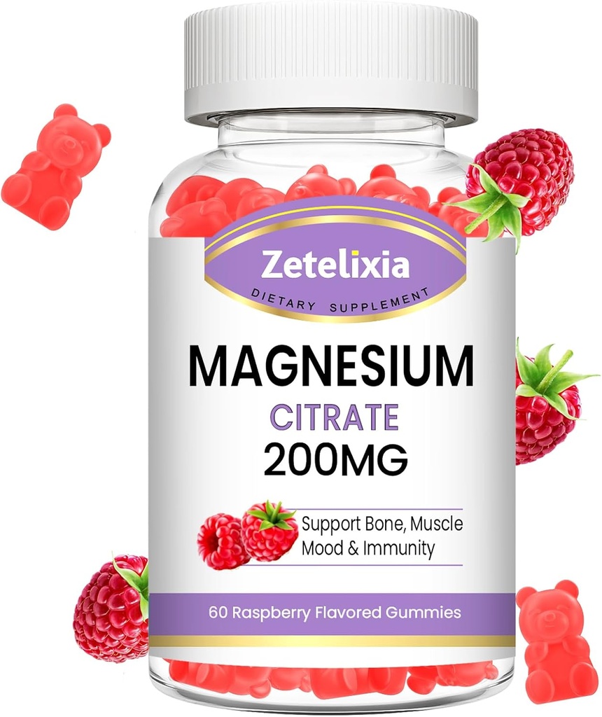 Magnezu Gummies Citrate, Wysoka Absorpcja Gummies Magnezu dla dorosłych, Mięśnie i Teeth Support, 60 Wegan Naturalne Gummies Malina