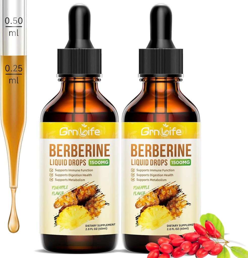 (2 Pack) Berberine Supplement, 1500mg Organic Berberine Liquid Drops with Ceylon Cynamon, Bitter Melon - Wspiera immunologiczne i metabolizmu, Wegan, Ananas Flavor-2 FL Oz