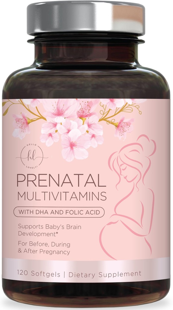 Witaminy prenatalne dla kobiet z kwasem foliowym & DHA, Wsparcie rozwoju mózgu płodu z folianem & Omega 3, Multiwitamina z witaminą A, C, D, B6, B12 & Żelazo, Suplement do Ciąża - 120 Softgels