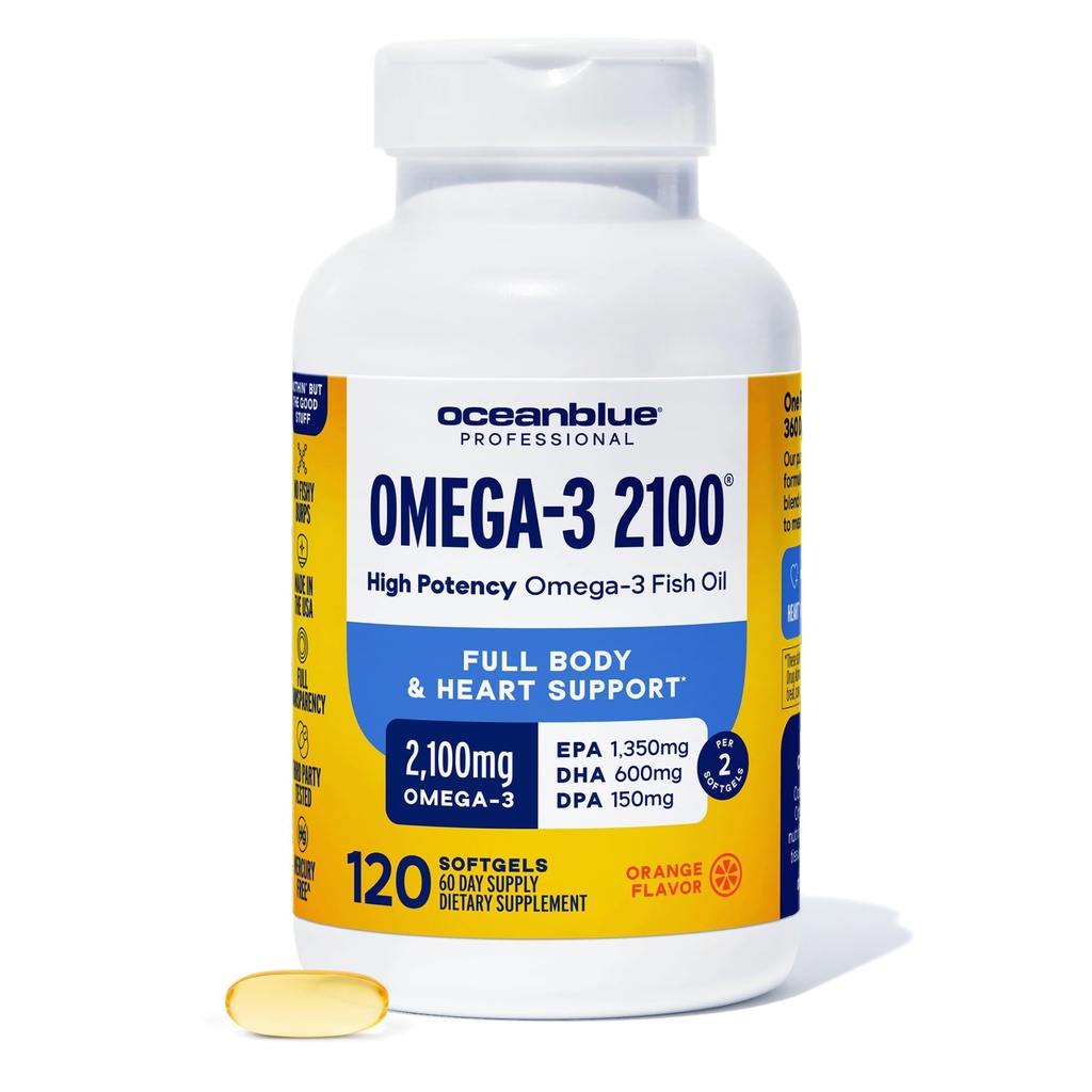 Oceanblue Professional Omega 3 2100- 120 ct - Wysoka Potliwość Potrójny Potęga Burpless Fish Oil z EPA, DHA & DPA - Wild Caught - Natural Orange Flavor, 60 Służenie