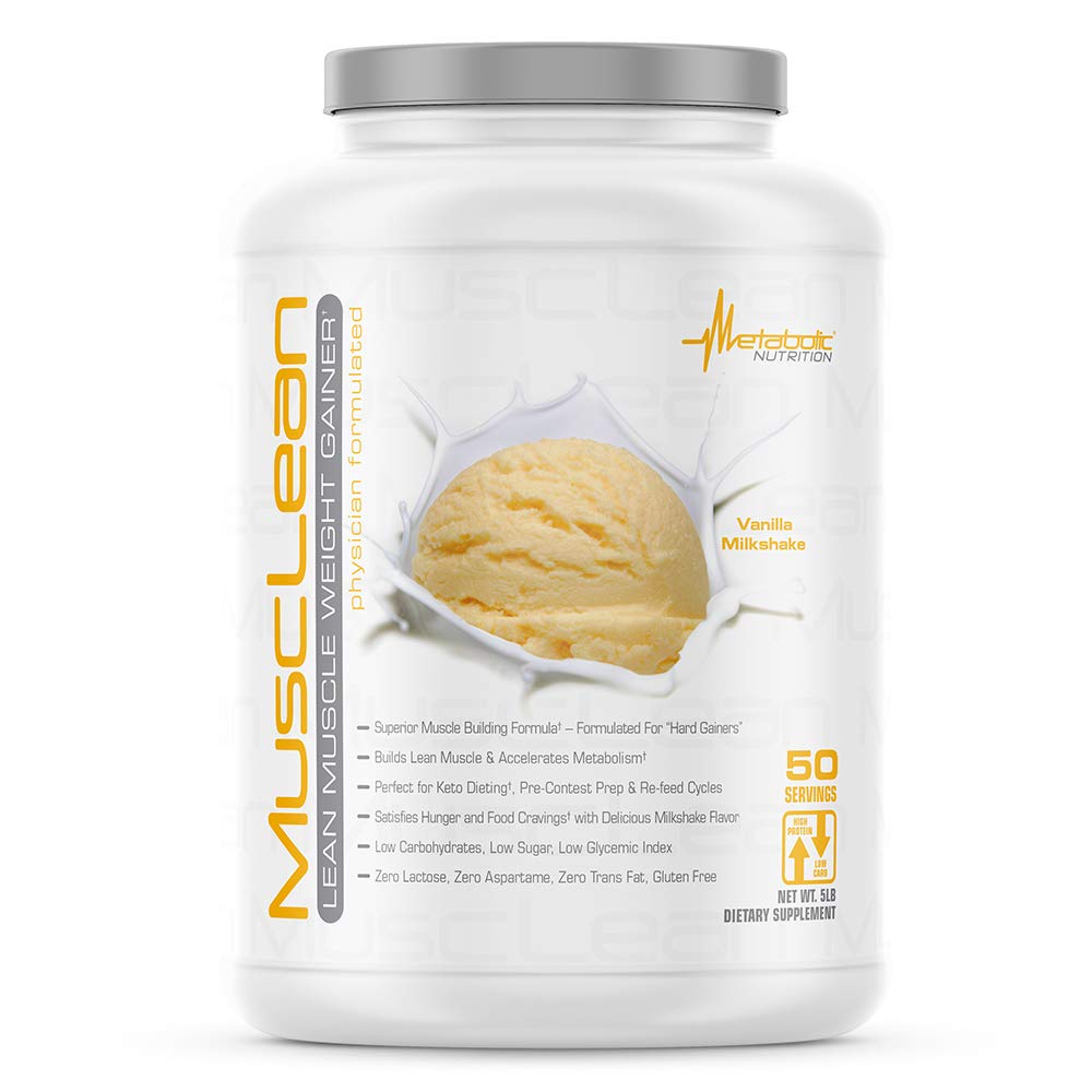 Żywienie metaboliczne - Musclean - Milkshake, wysokobiałkowa substytucja serwatki, odżywka podtrzymująca, niskowęglowodany, dieta Keto, enzymy trawienne, wanilia, 5 funtów (50 ser)