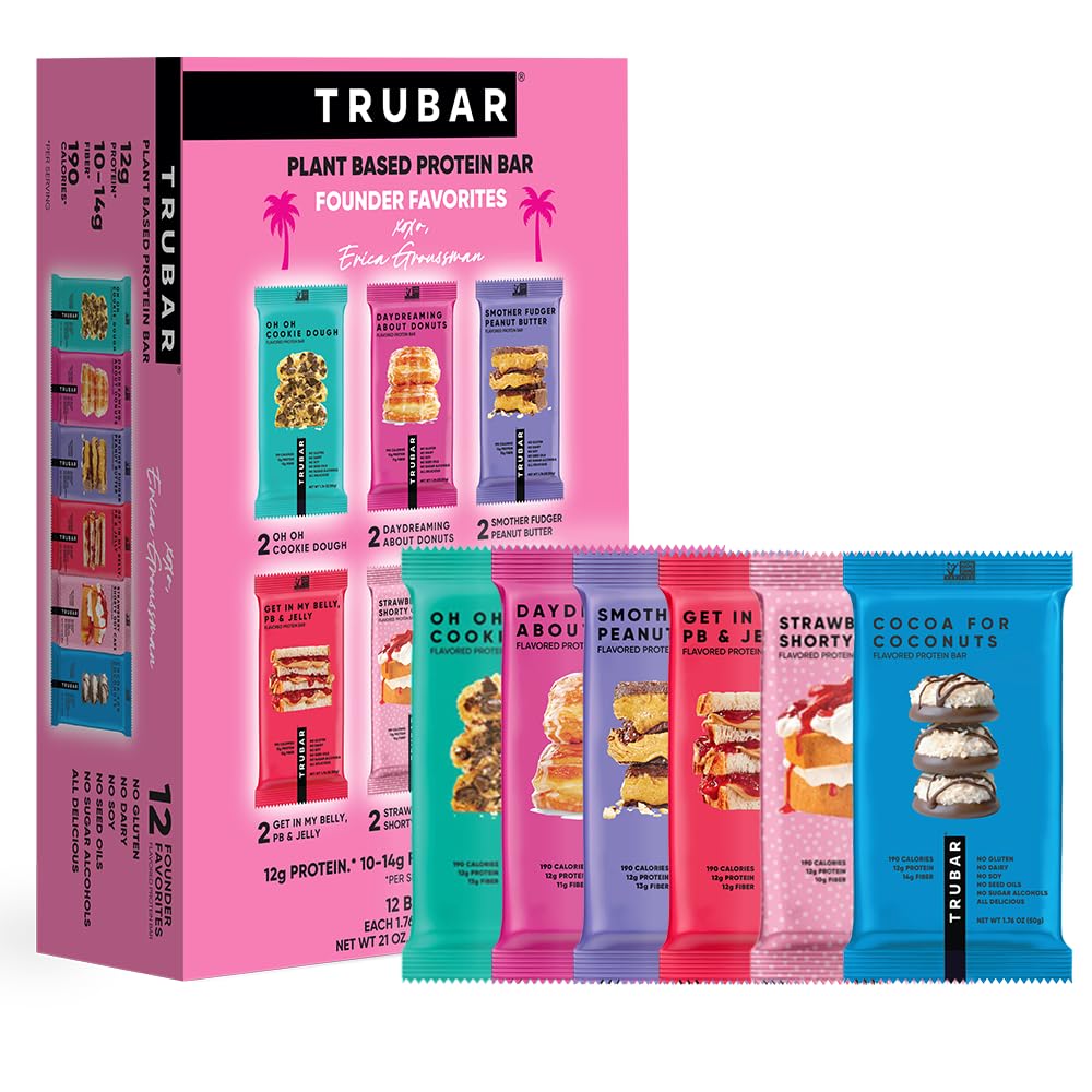 TRUBAR Vegan Protein Bars, 12 Count Founder Favorites Variety Pack, (2 Each – OOCD, DAD, SFPB, PBJ, SSGC & CoCo), Gluten Free, Plant Based, Dairy Free, High Fiber, Healthy On-the-Go Snack Bars